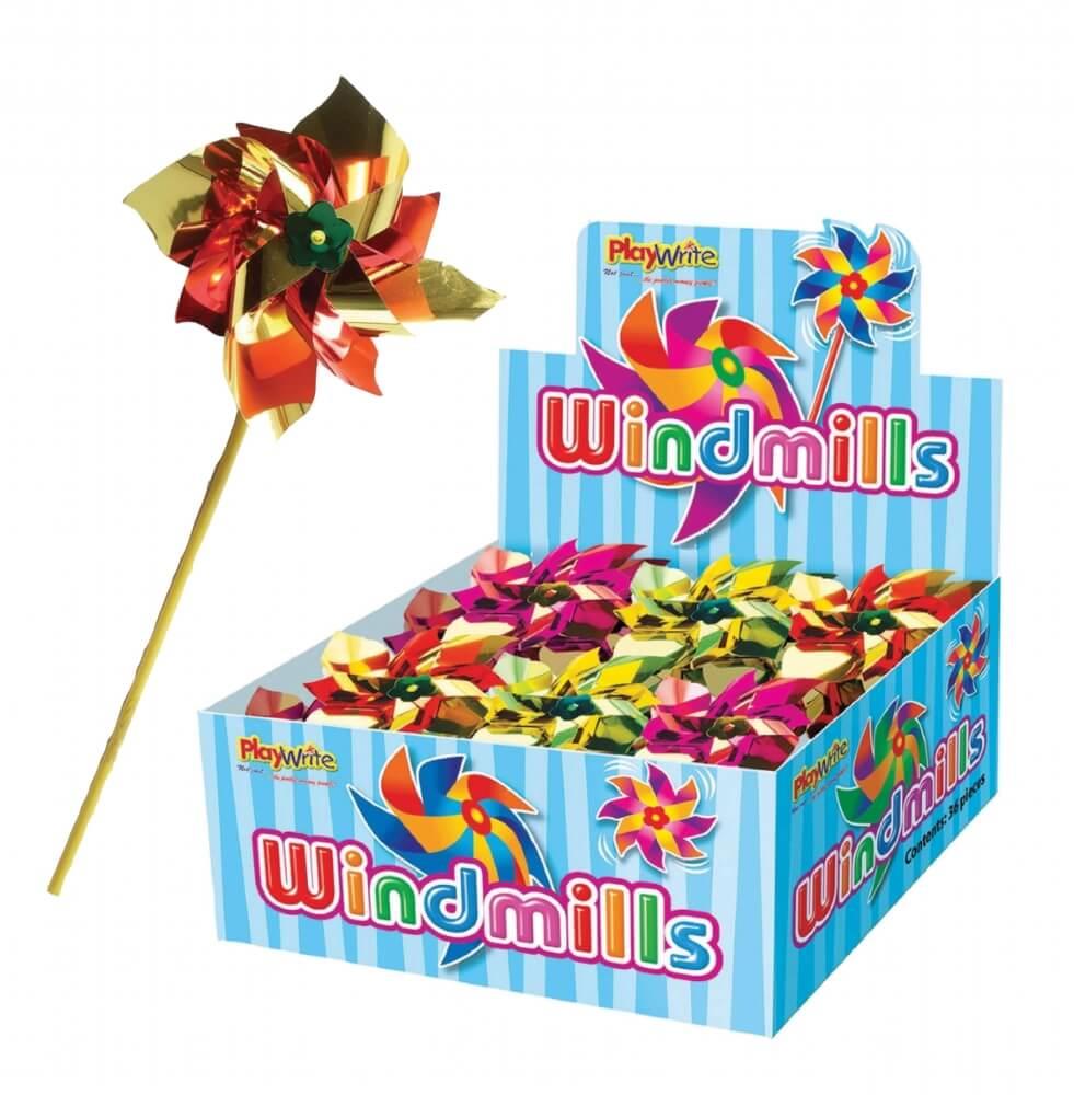 Children's 40cm Multicoloured Foil Windmills with Plastic Handle (Box of 36)