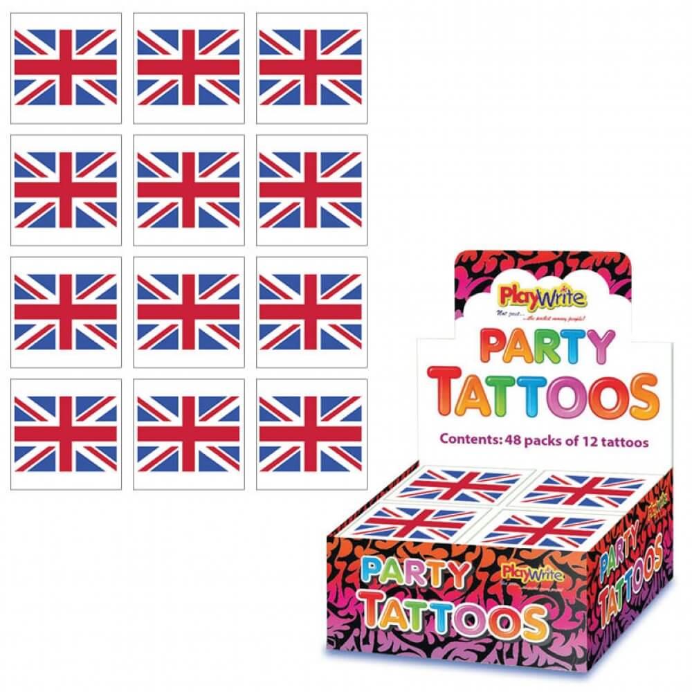 Box 48 Packs of 12 Temporary Tattoos with Union Jack Design