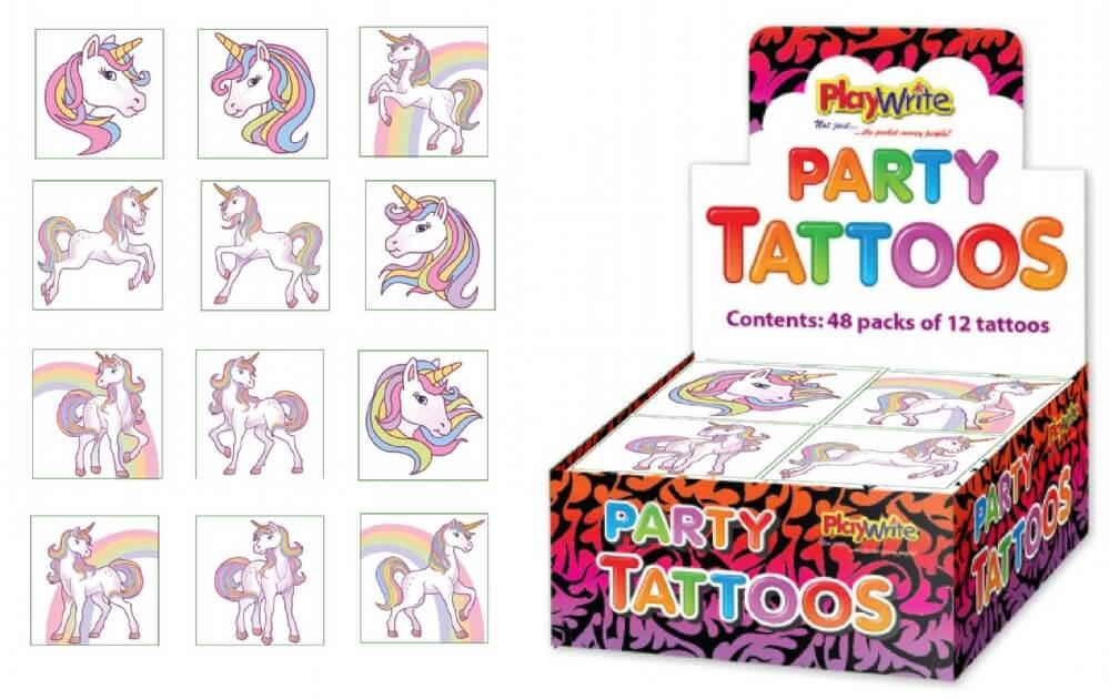 Children's Colourful Unicorn Themed Temporary Tattoos (Box with 48 Packs of 12)