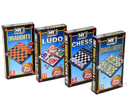 Magnetic Travel Games: Ludo, Chess, Draughts or Snakes & Ladders (Box 24 Pieces)